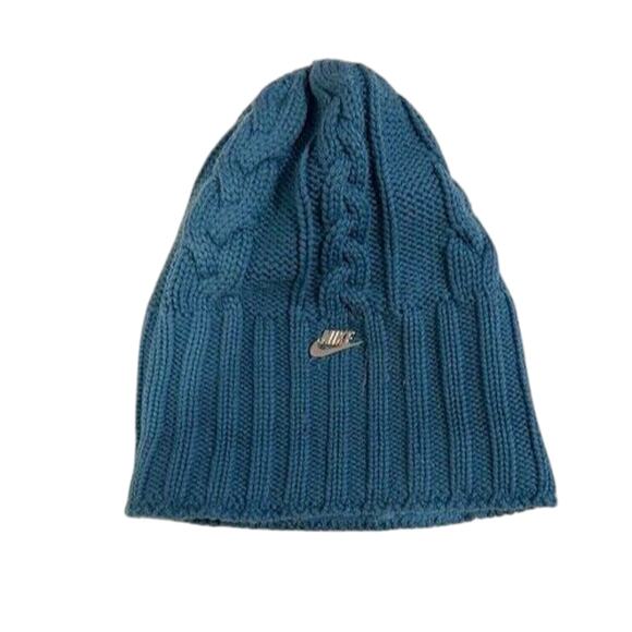 NIKE Cable Knit Sweater Blue Beanie Fleece Lined Winter Hat Snow Ski Cap OS - Picture 1 of 5
